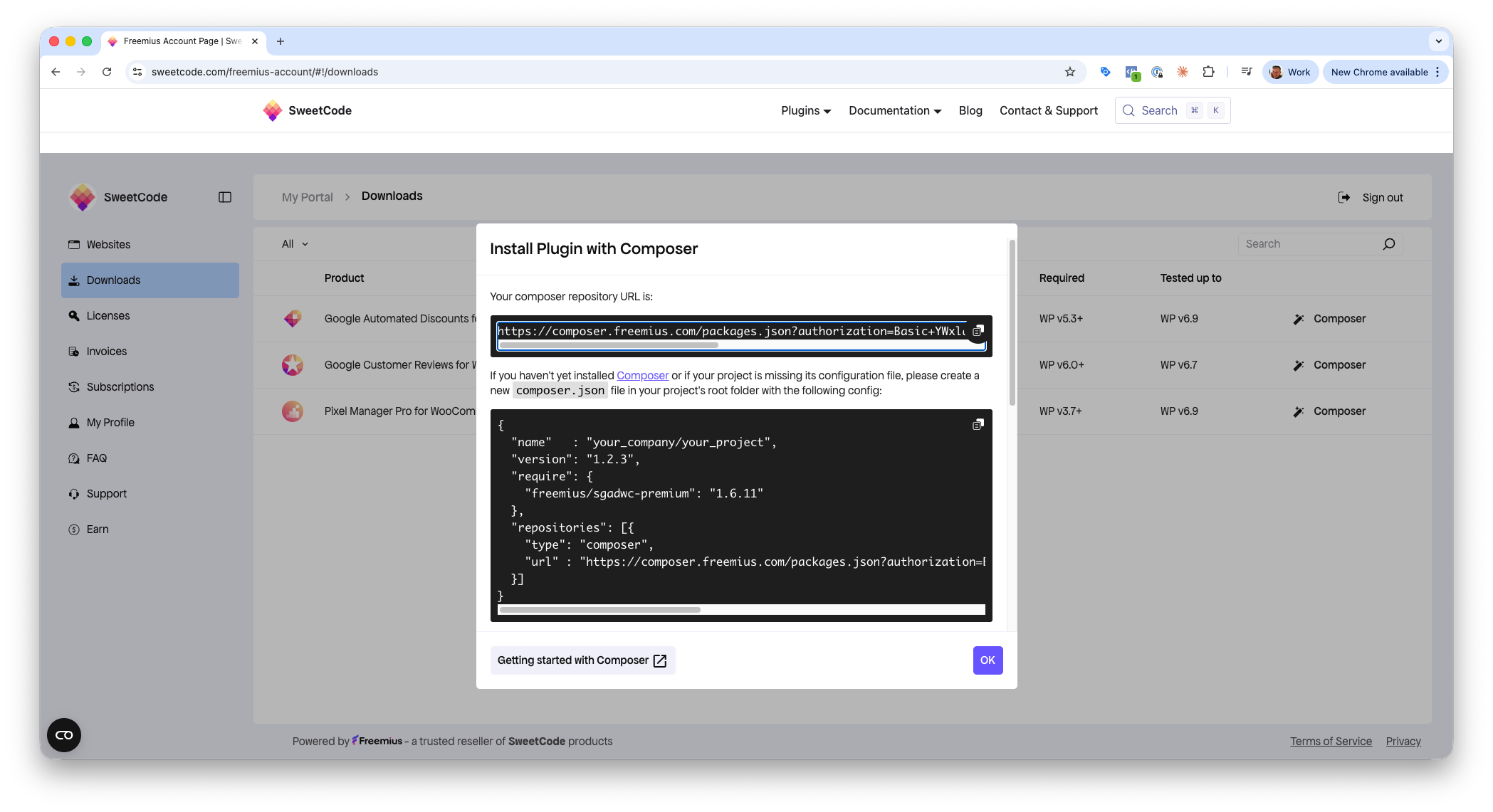 Composer installation modal
