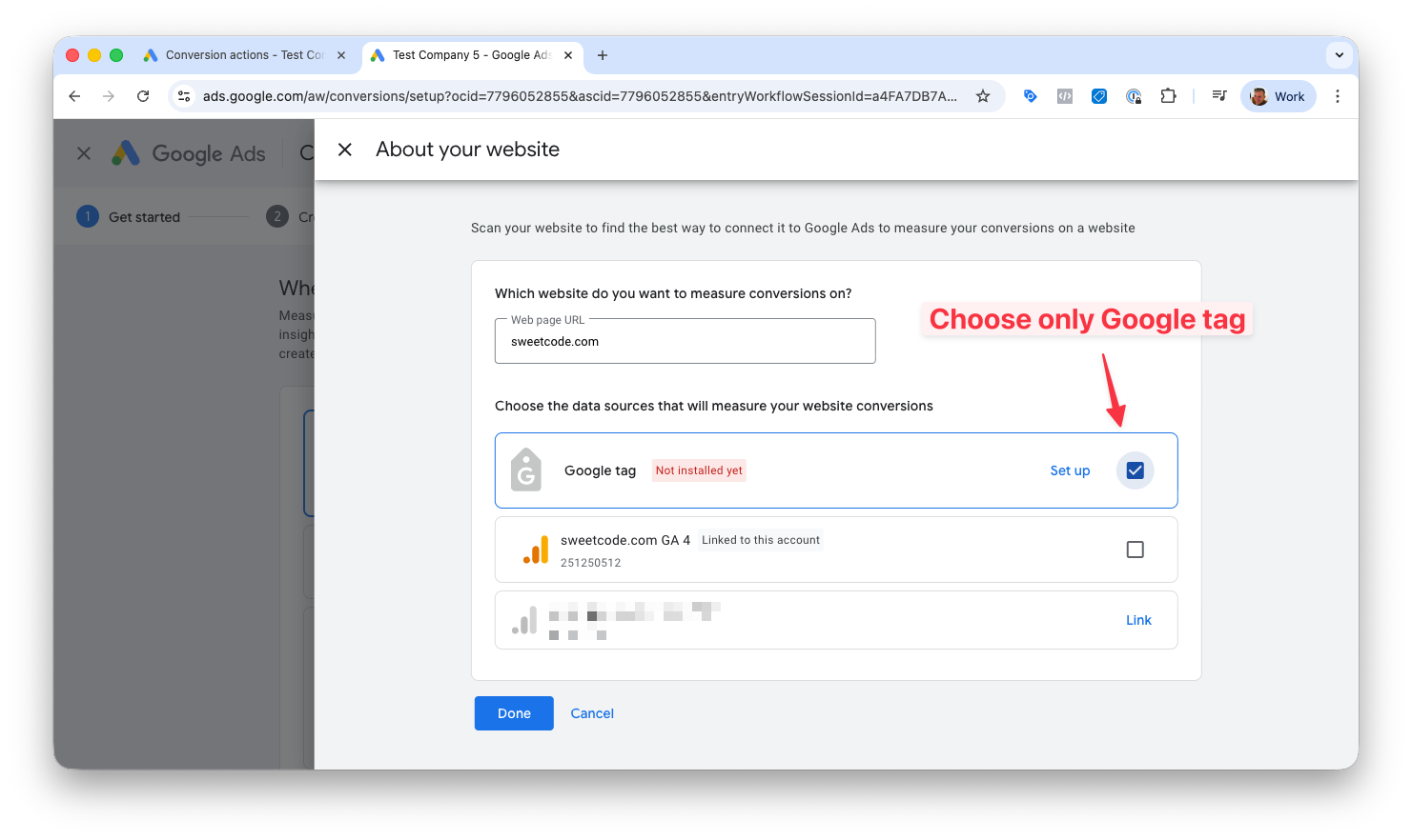 Google Ads conversion type