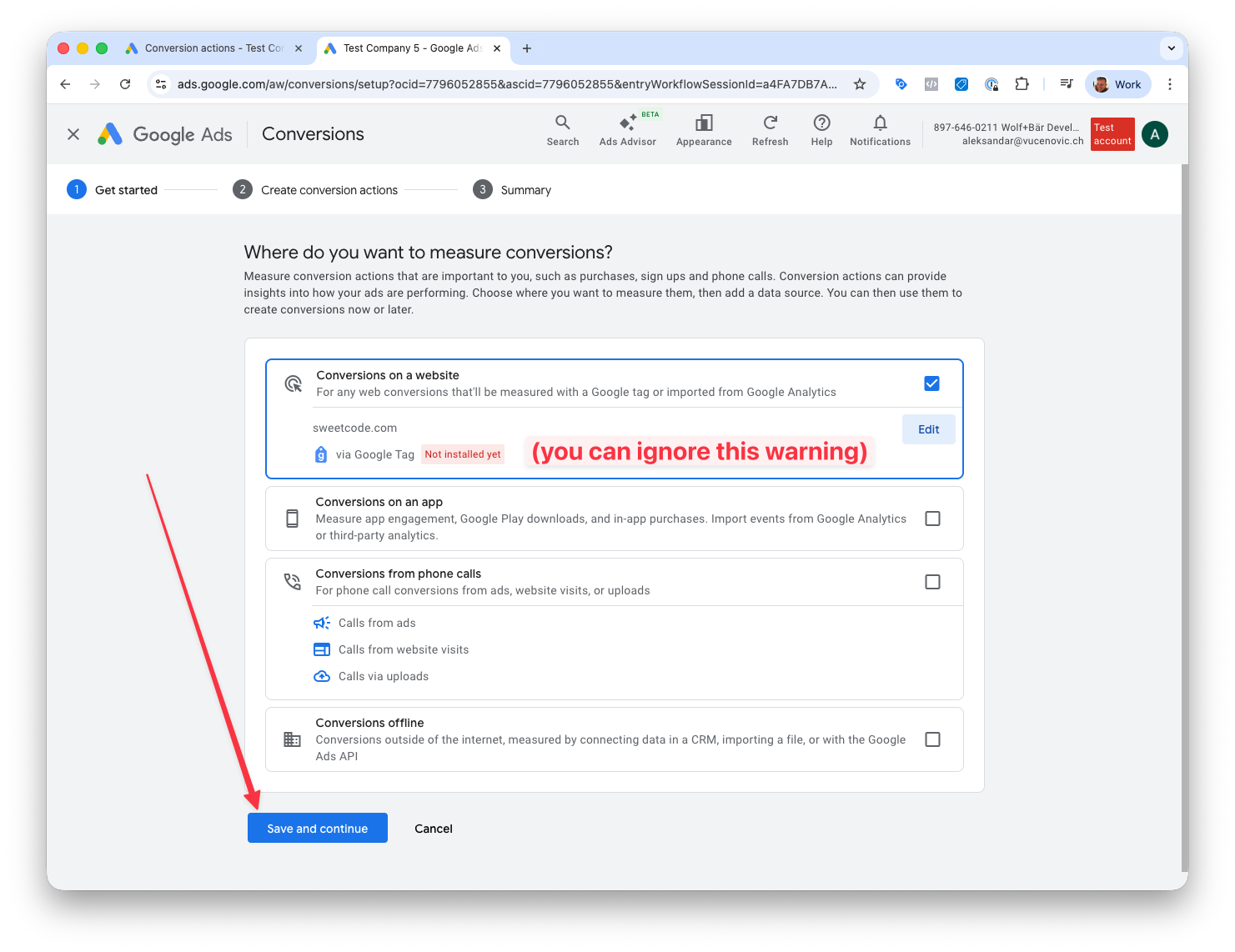 Google Ads conversion type