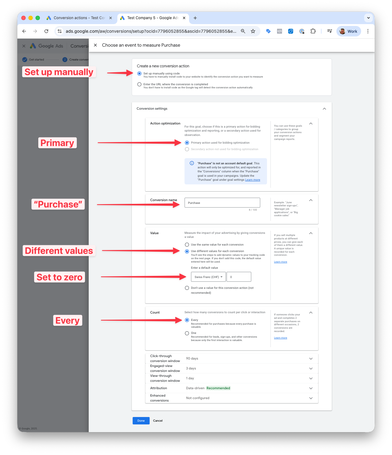 Google Ads conversion settings