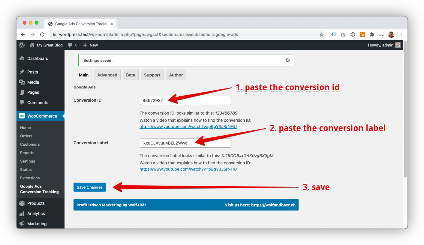 Google Ads paste conversion ID and label