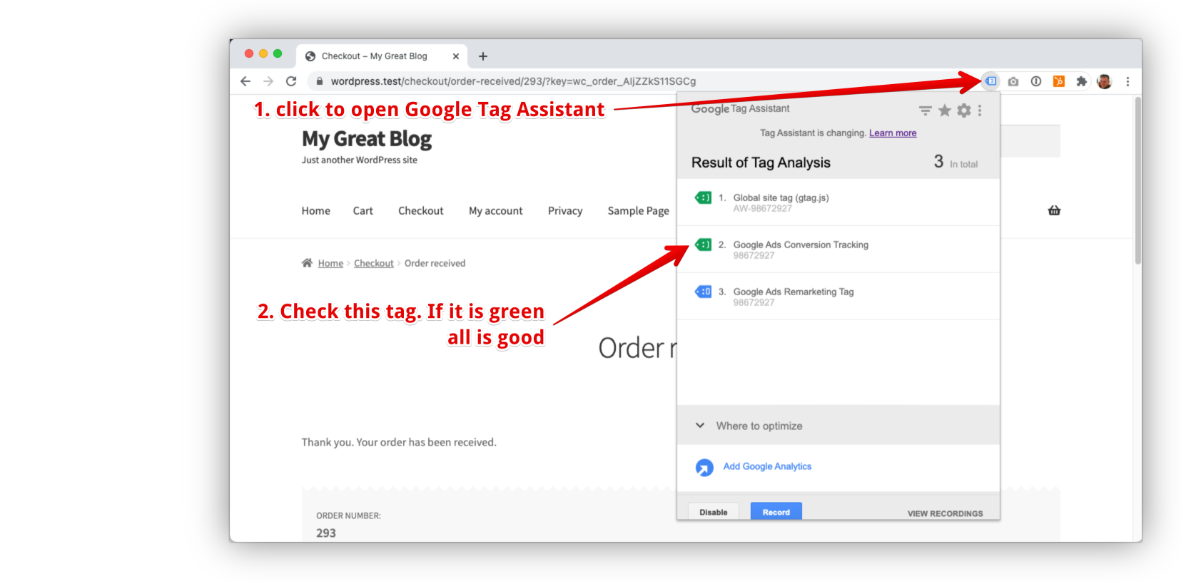 Google Tag Assistant check conversion tag