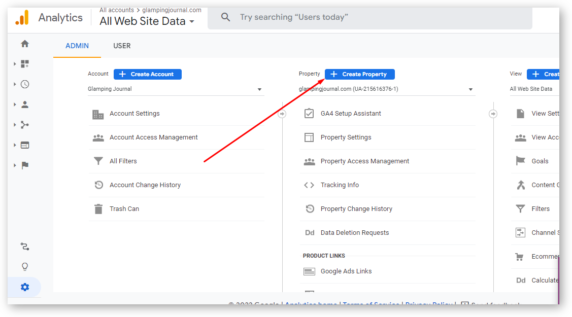 Click Create Property in the Admin tab of Google Analytics