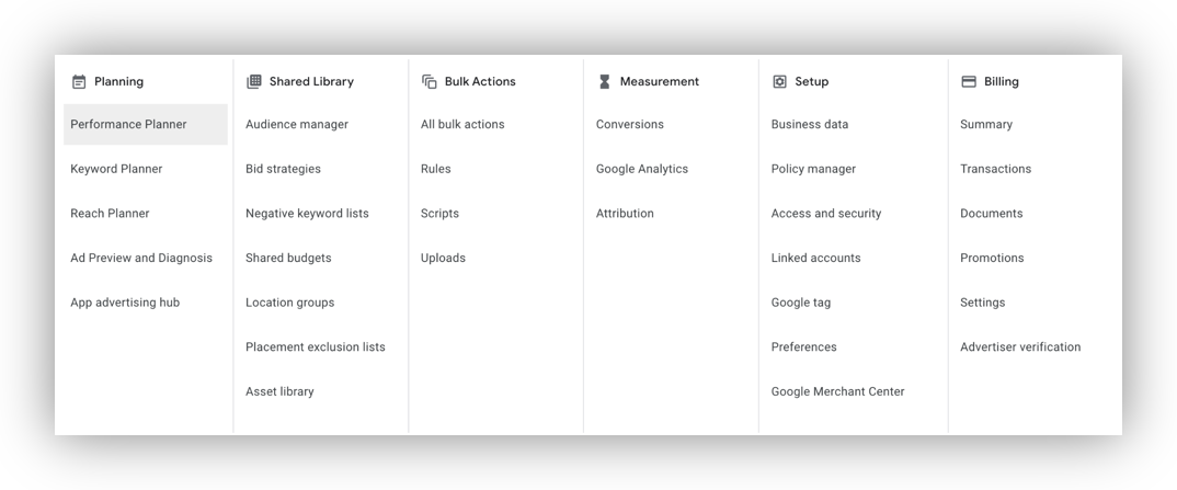 The Tools and Settings menu in Google Ads