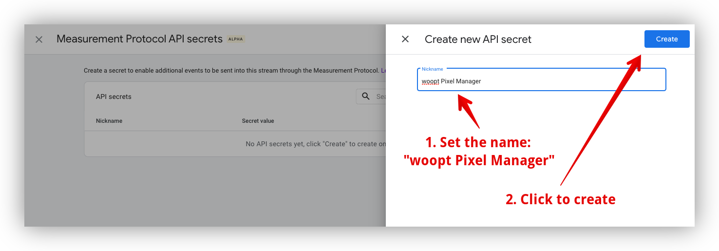 Set the name for the new secret API and click “create”