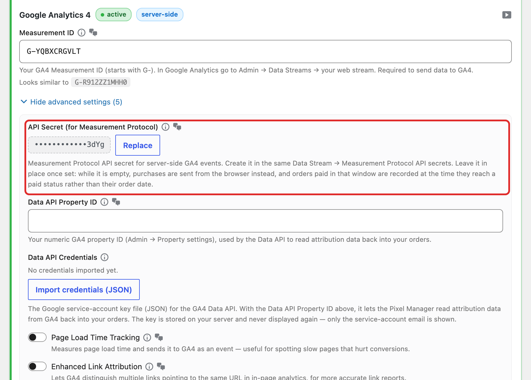 Paste the new API secret into the GA4 advanced settings