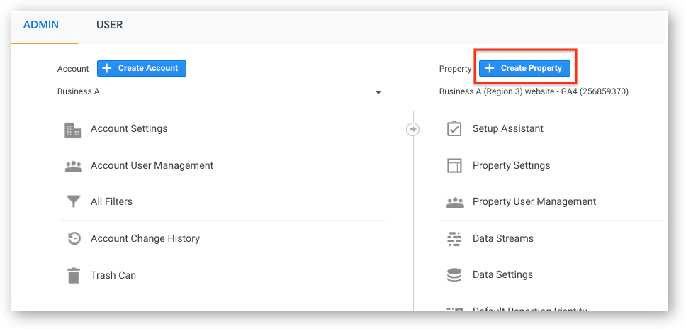 Admin page for Google Analytics 4 property column