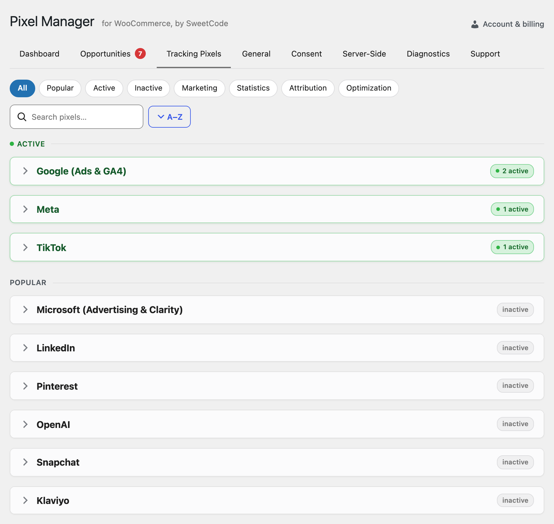 The Tracking Pixels tab in the Pixel Manager, listing the supported platforms