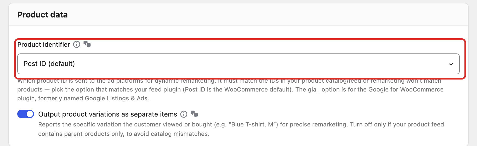 The Product identifier setting in Pixel Manager for WooCommerce