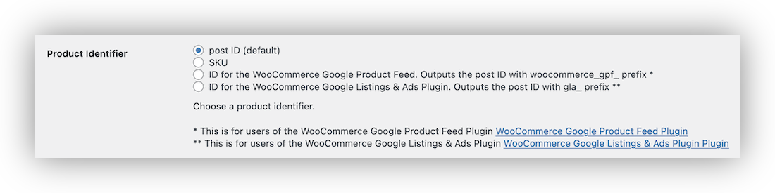The Product identifier section in Pixel Manager for WooCommerce