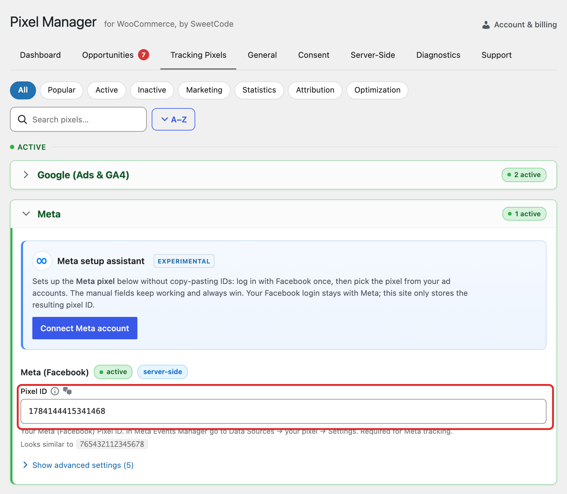 Entering the pixel ID on the backend of your site