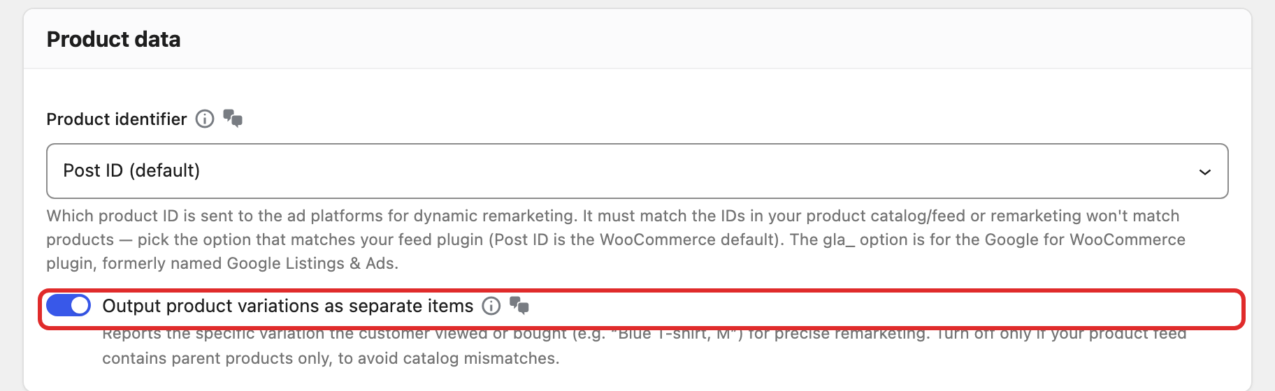 The variations output option within Pixel Manager for WooCommerce