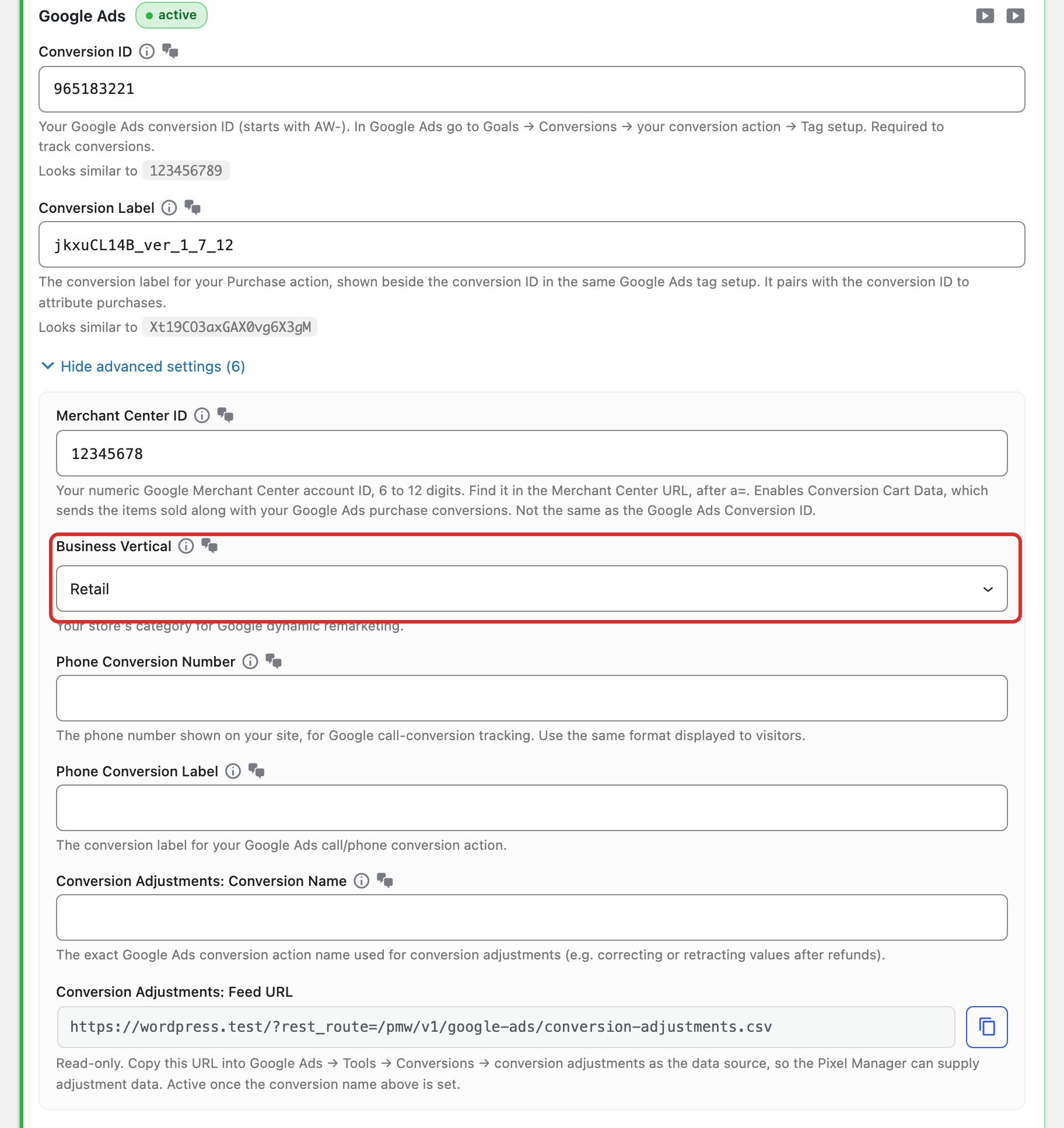 Selecting a business vertical in Pixel Manager for WooCommerce