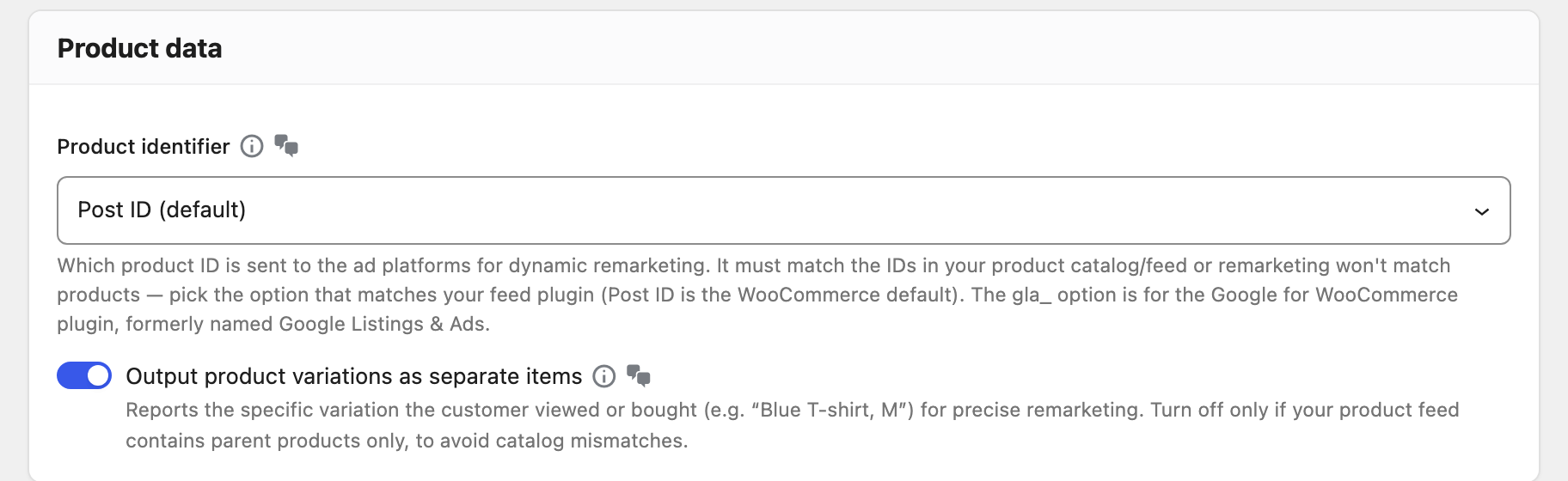 The Product data settings in the Pixel Manager