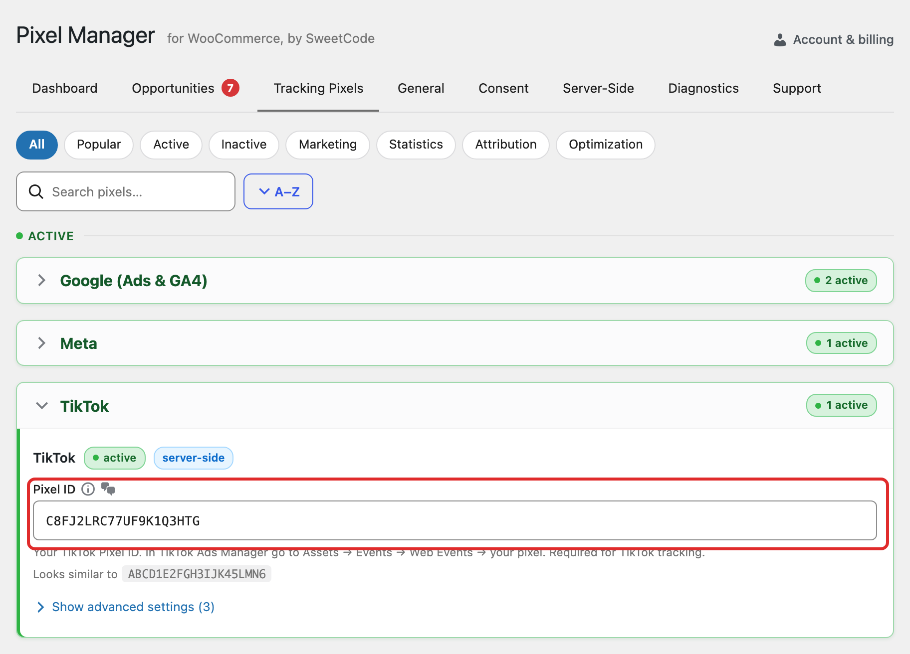 Paste the TikTok pixel ID in the relevant field in Pixel Manager for WooCommerce
