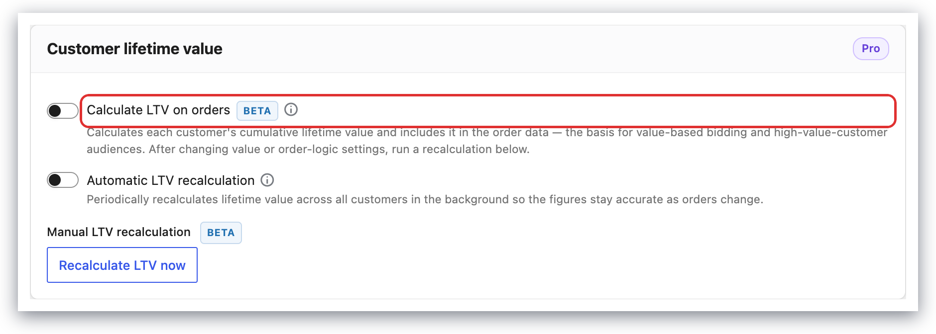 ltv calculation setting