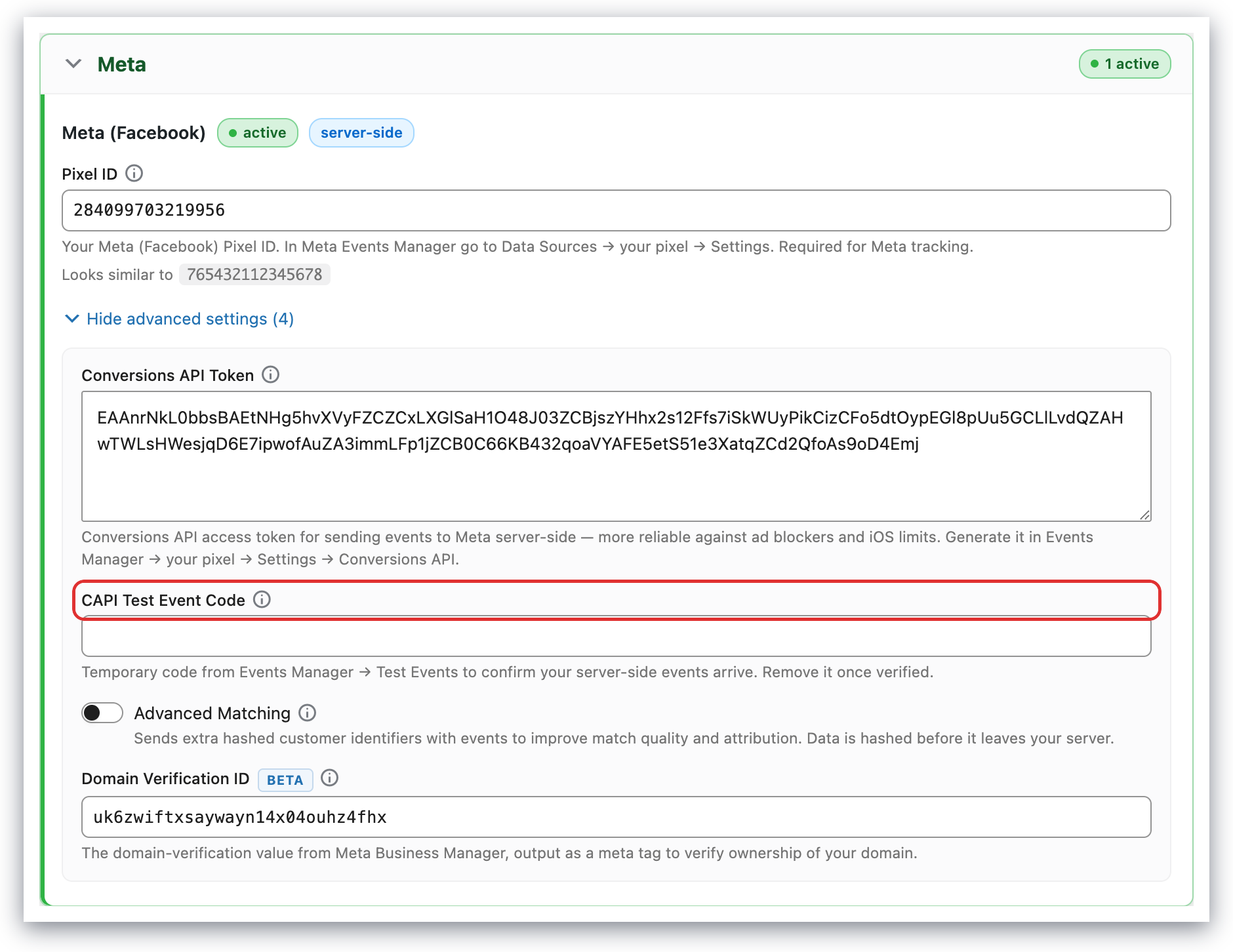 Meta CAPI test event code