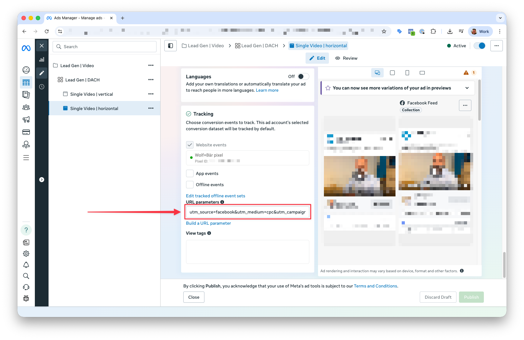 Screenshot: Meta Ads Manager URL Parameters field