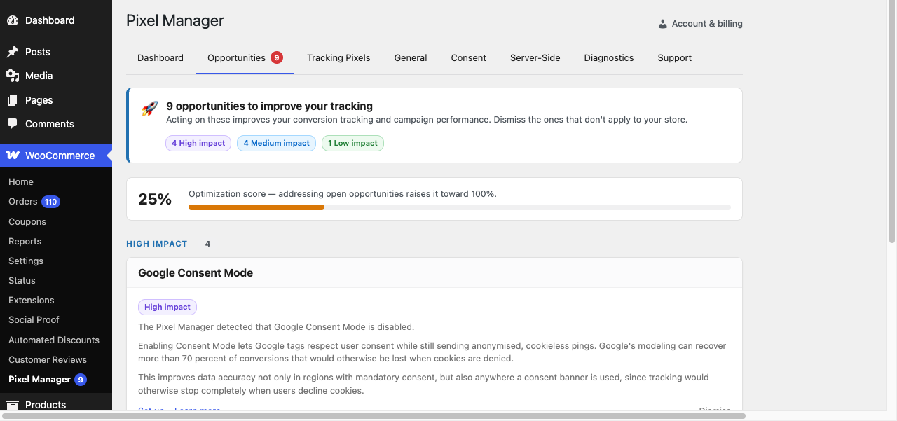 The Opportunities tab with impact-rated recommendations