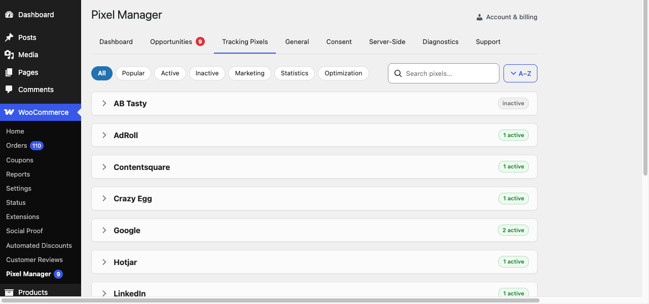 The new Tracking Pixels tab with filters and search