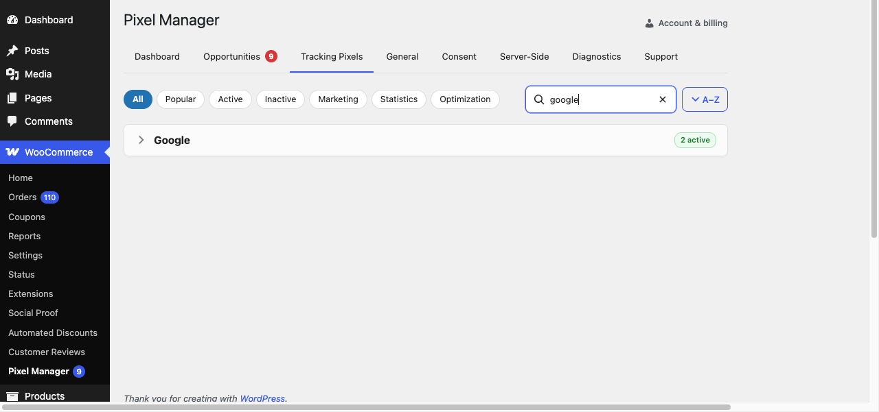 Searching for a pixel filters the list instantly