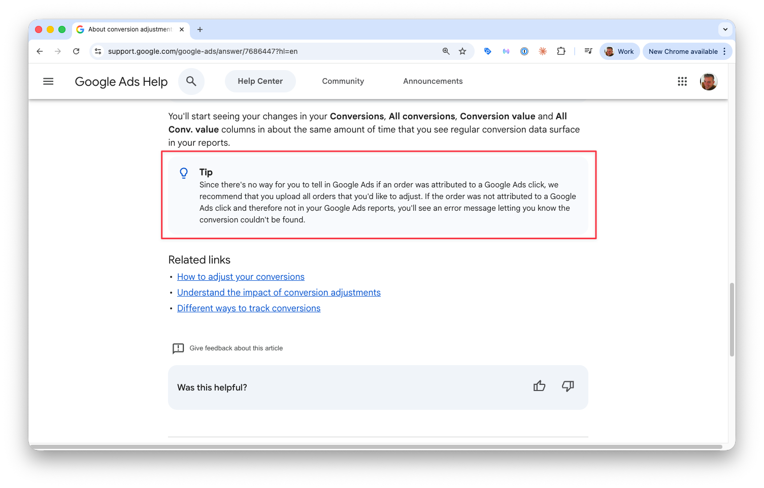 Google Ads Help page showing a tip that recommends uploading all orders for conversion adjustments