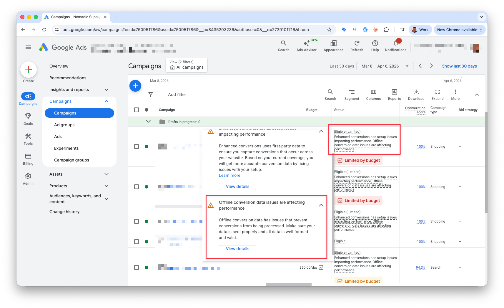 Google Ads campaign view showing warnings like "Offline conversion data issues are affecting performance" and "Enhanced conversions has setup issues impacting performance"
