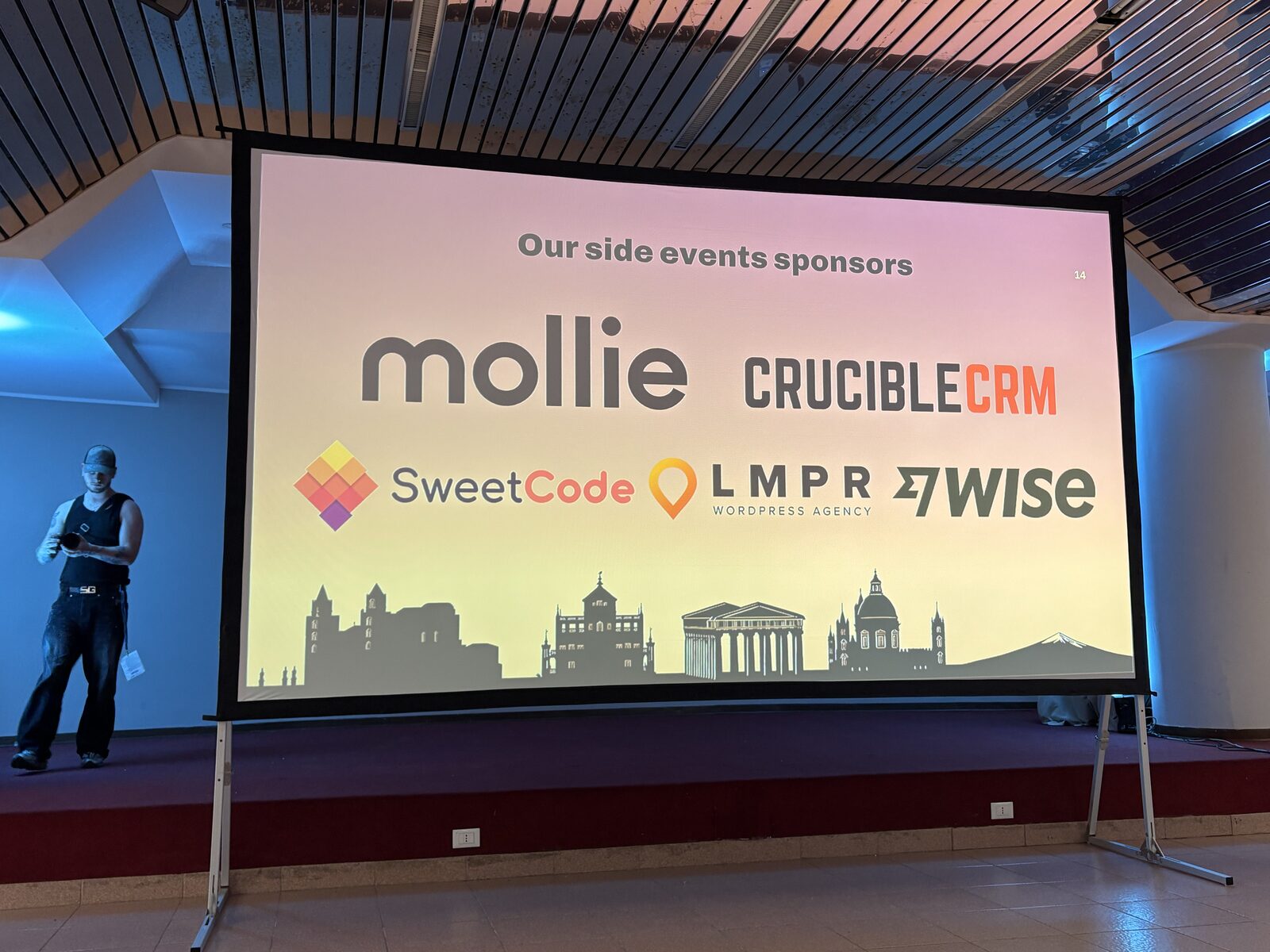 Side event sponsors slide showing Mollie, Crucible CRM, SweetCode, LMPR and Wise