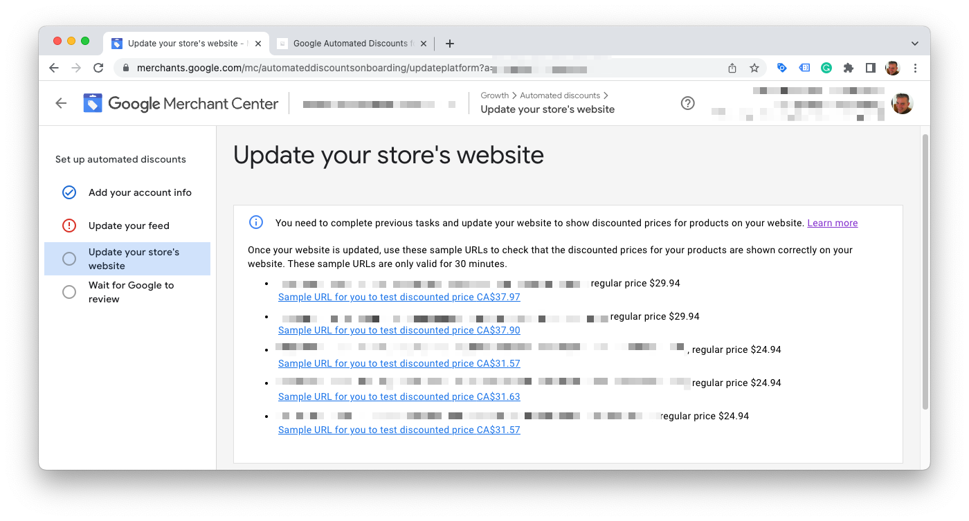 Testing links within Google Merchant Center