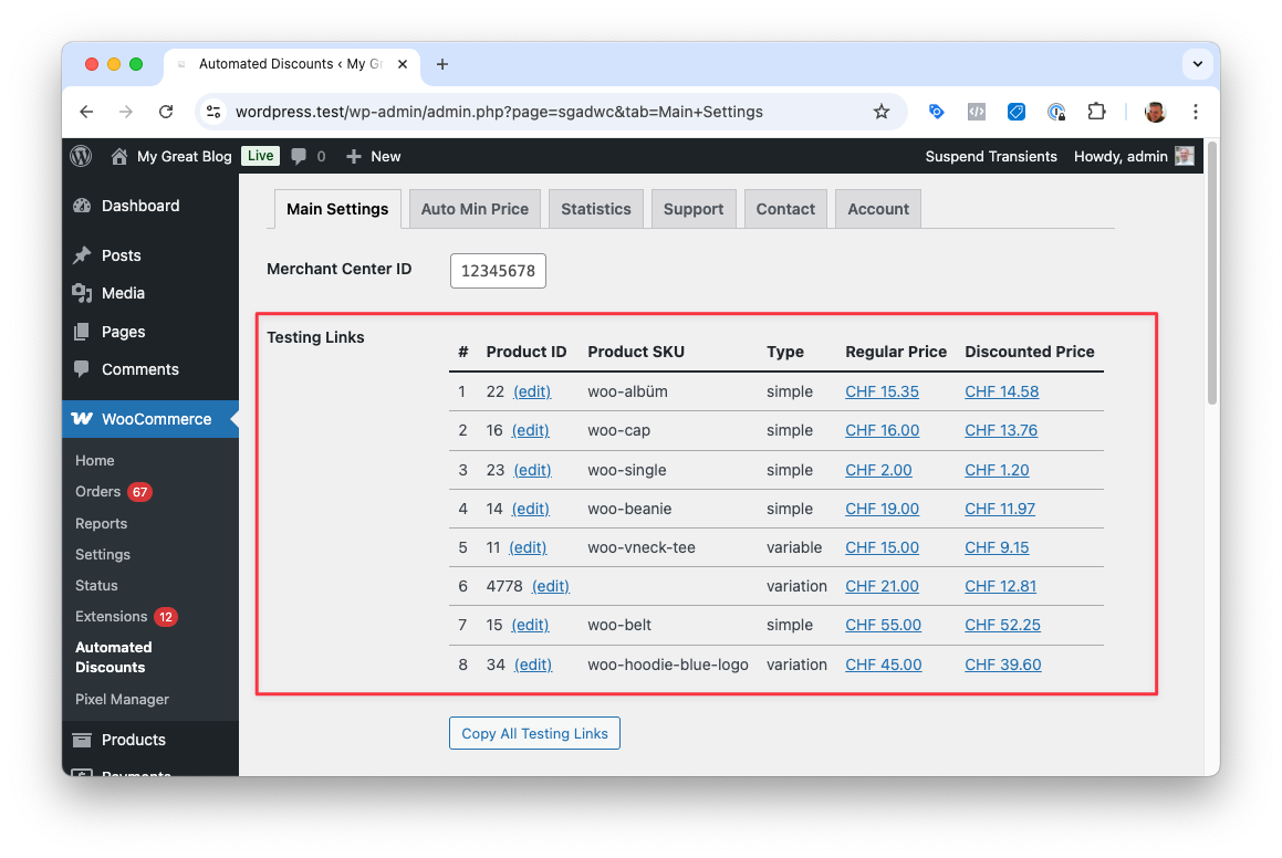Testing links within the plugin
