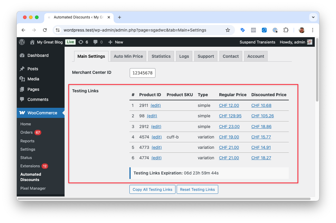 Testing links within the plugin