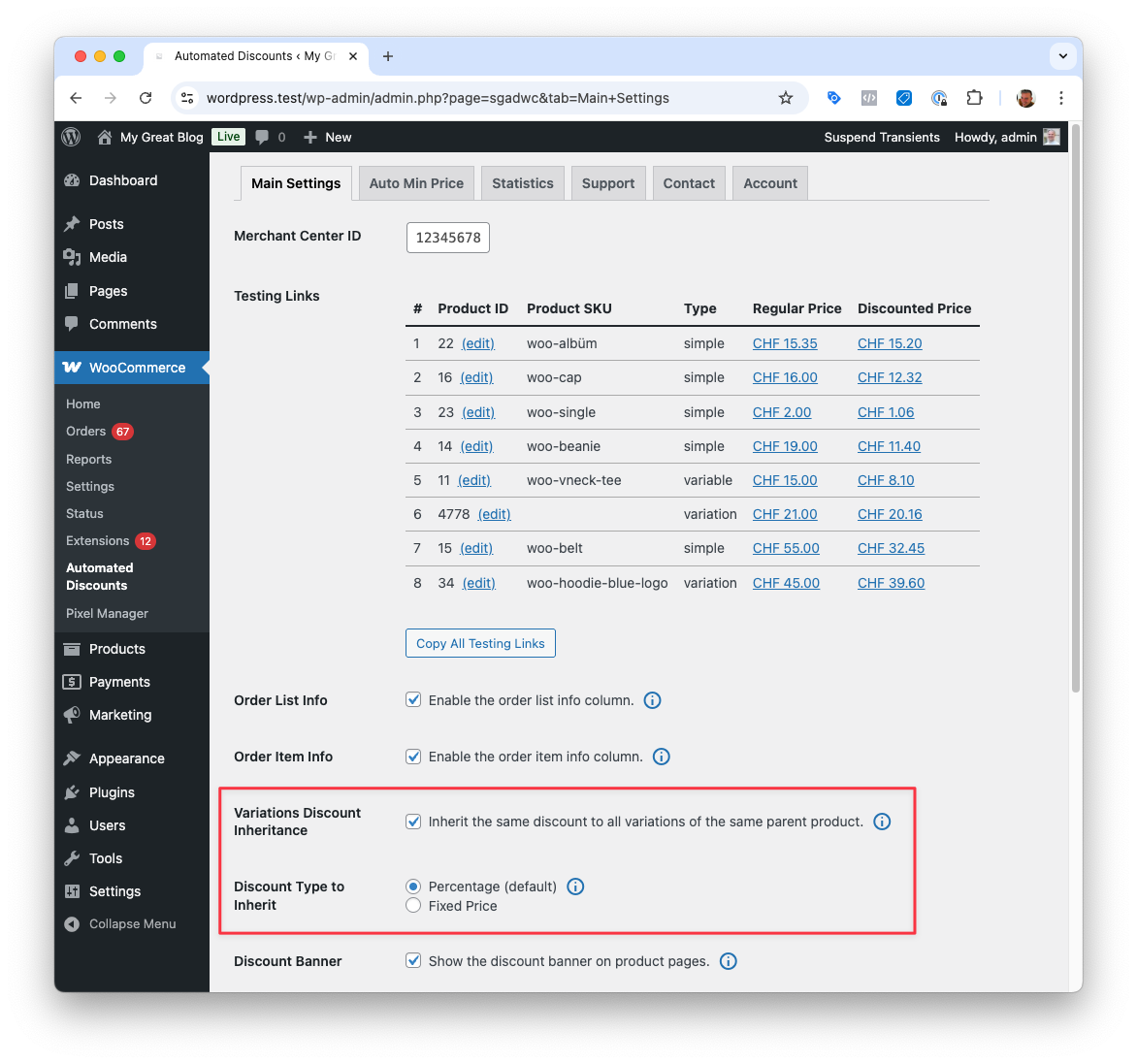 Variations Discount Inheritance Activation
