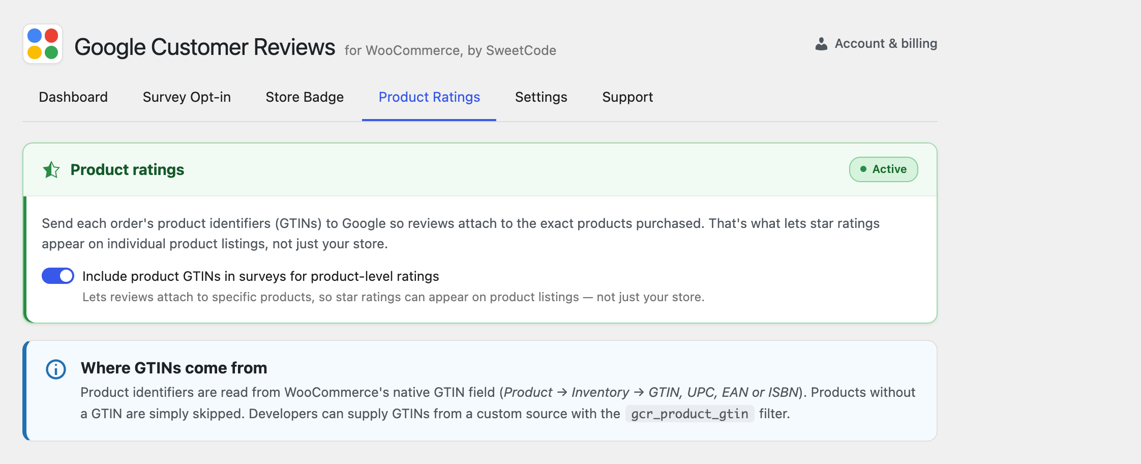 Product ratings settings in the Google Customer Reviews admin