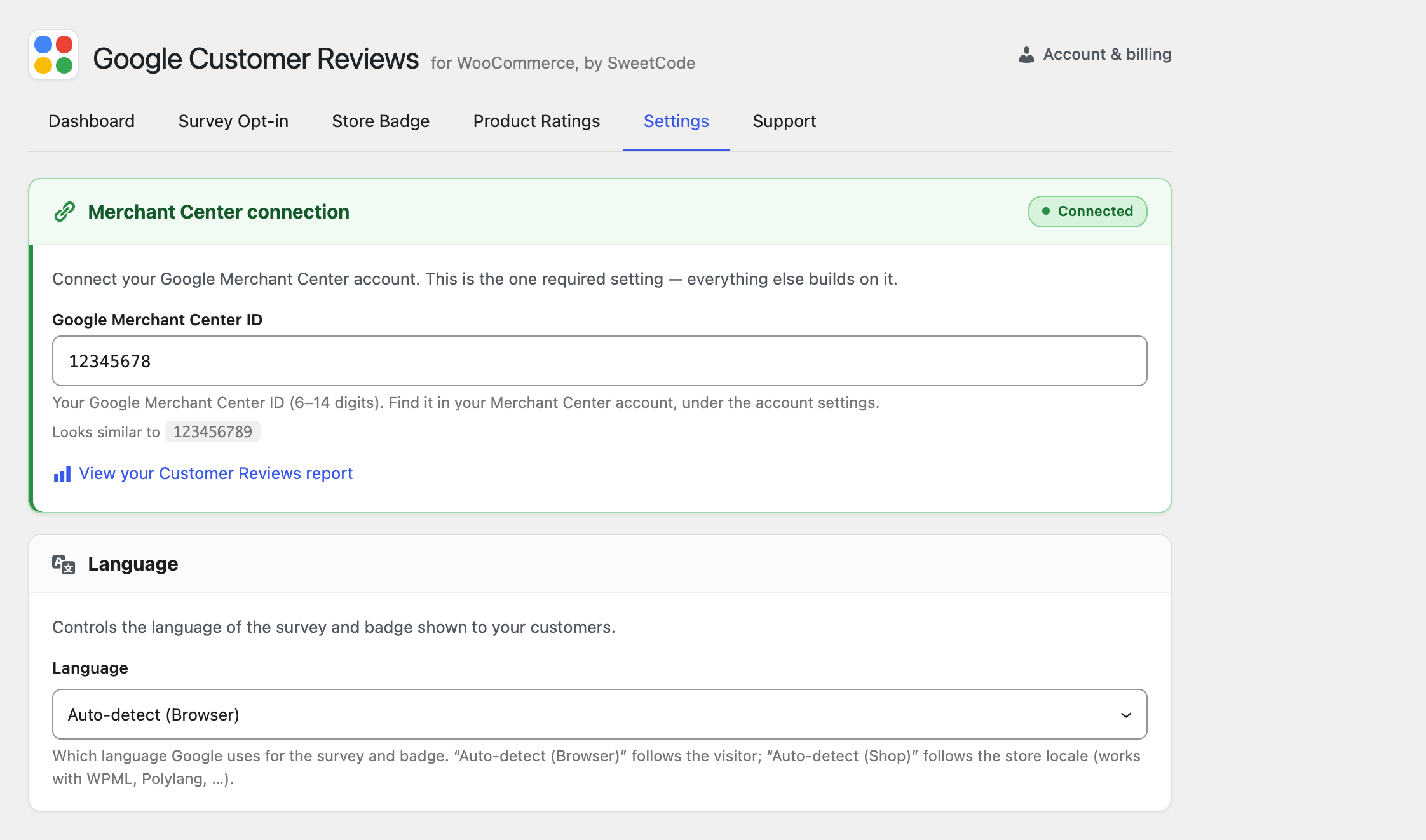 General settings in the Google Customer Reviews admin