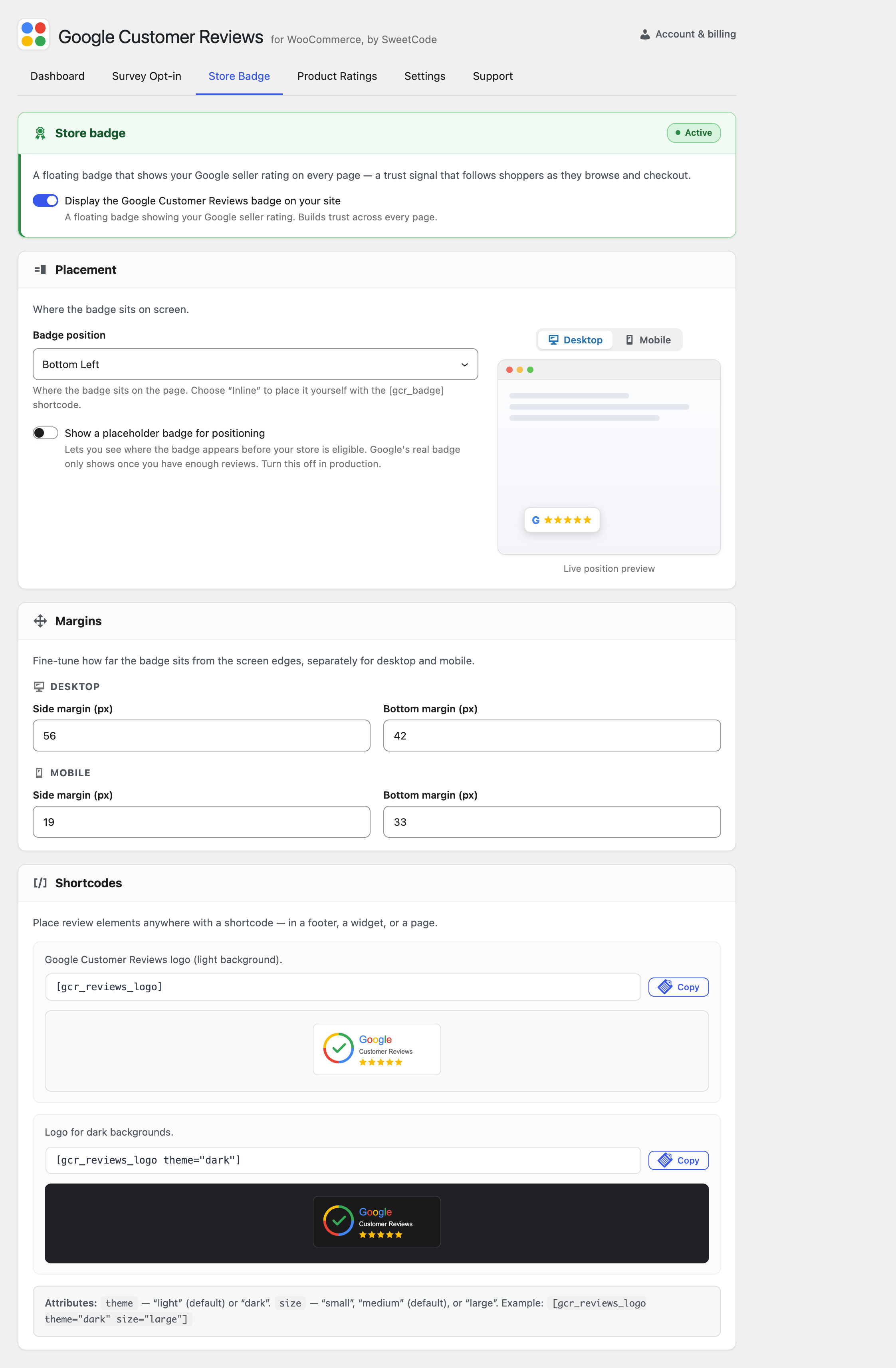 Store badge settings in the Google Customer Reviews admin