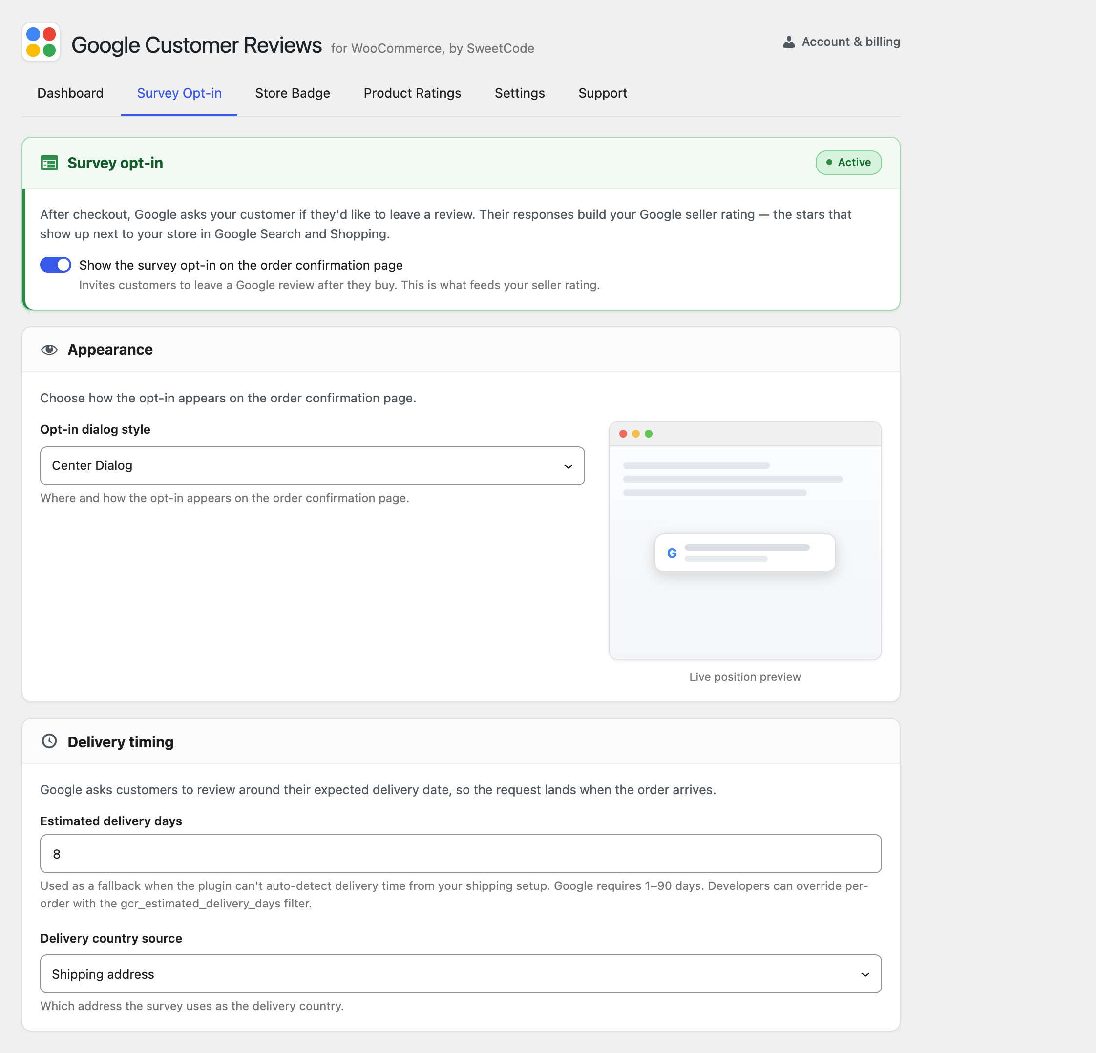 Survey opt-in settings in the Google Customer Reviews admin